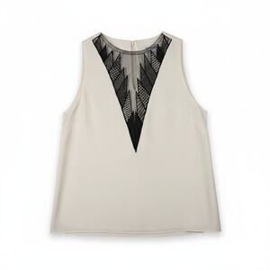 Behnaz Sarafpour 100% Silk Sleeveless Mesh Geometric Top Cream Designer Chic USA
